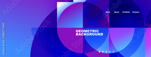 Abstract geometric design. Blue purple gradients create circular shapes. Navigation menu present, text reads geometric background.