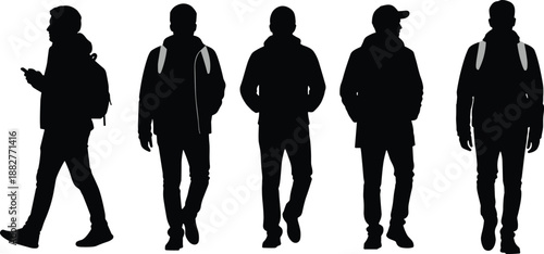 Five black silhouettes of casual travelers wearing jackets and backpacks walking and standing on white background for fashion and posture study