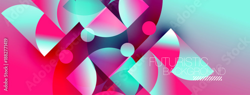 Abstract vibrant design. Overlapping shapes create dynamic composition. Pink, turquoise hues dominate visual space. Modern aesthetic.