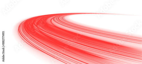 Neon red laser lines curve along  city highway. Motion lines, glowing wave energy, blood streaks, police lights depict dynamic futuristic traffic movement. Vector illustration PNG.