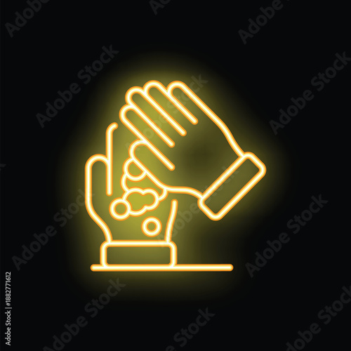 Bright neon icon of hands being washed with soap and water, on a black background