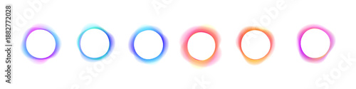 Set of neon glowing circles with smooth gradient blur on white background PNG vector. Bright luminous round shapes with soft halo glow. Futuristic abstract digital rings.