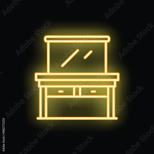 Yellow neon dressing table with mirror glowing in the dark