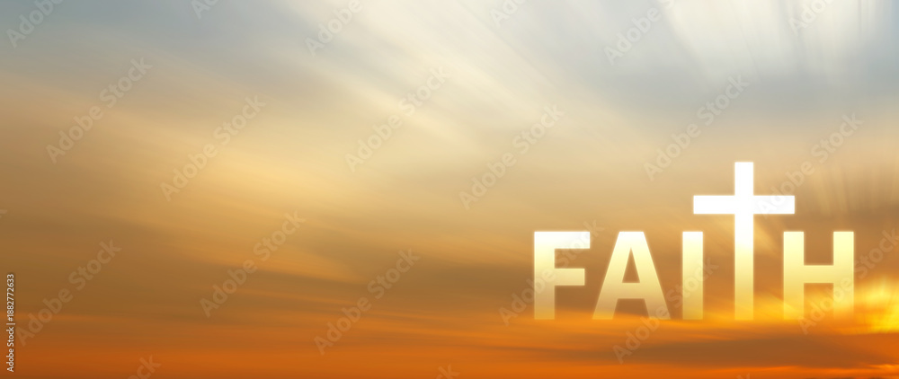 Fototapeta premium Faith and fear concept. words written with Clouds blue sky, Inspirational Christian message of hope and belief journey with the word faith. not ai