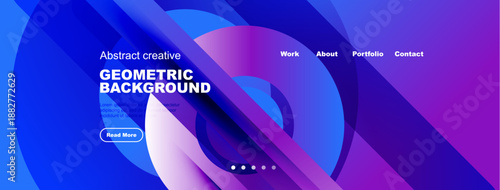 Abstract geometric background. Blue, purple gradients dominate design. Website header includes navigation options, text, button.