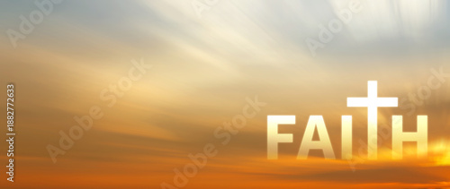 Faith and fear concept. words written with Clouds blue sky, Inspirational Christian message of hope and belief journey with the word faith. not ai