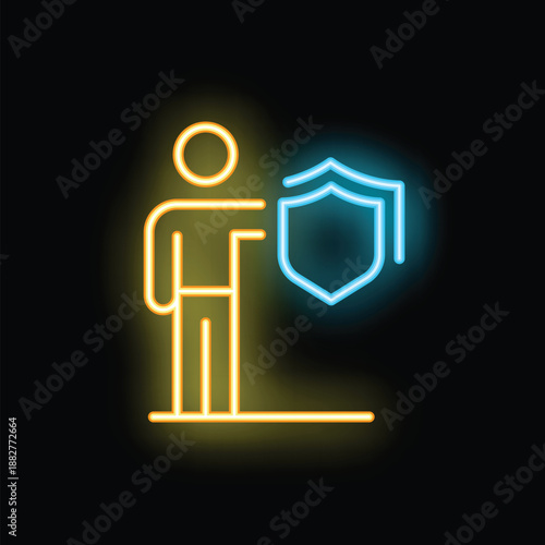 Neon sign of a person pointing to a shield, representing concepts like insurance, safety, and protection