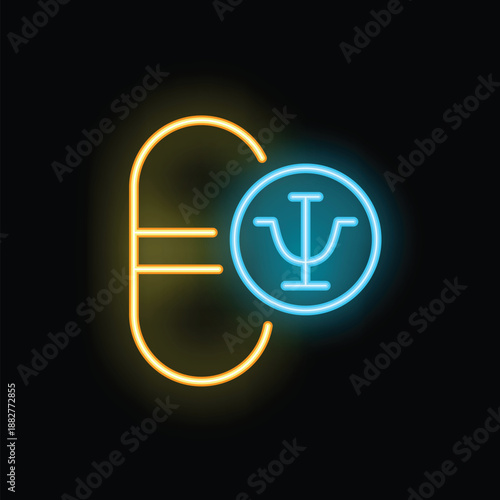 Neon glowing icon of a pill with the psychology symbol illustrating the concept of antidepressants
