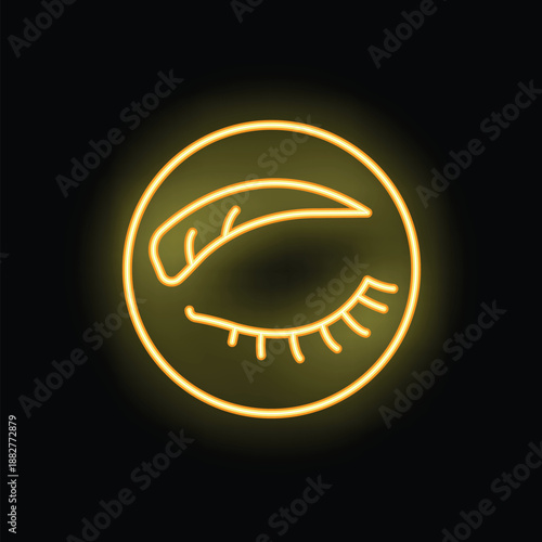 Yellow neon sign representing an eyebrow with an eye, ideal for a beauty salon