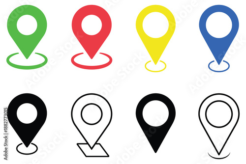 Location or map pin icons vector, red, green, yellow, blue and black-white location symbol. Set of Location pointer on whit background. Marker location icon set. Vector illustration.