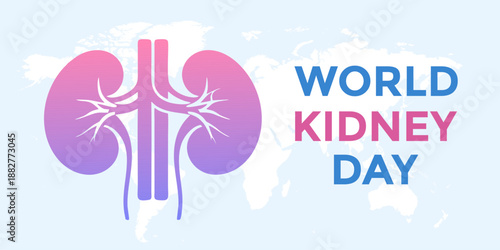 World Kidney Day vector illustration with kidney icon over world map background. Flat medical design symbolizing kidney health awareness.