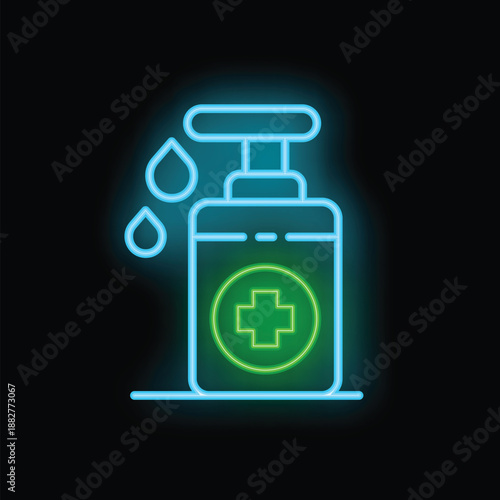Glowing neon icon of a sanitizer dispenser pouring antibacterial gel, representing hygiene and healthcare