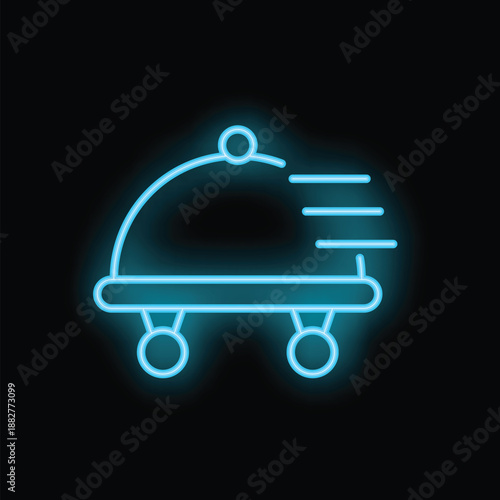 Bright blue neon icon of a covered food tray on wheels rushing to deliver a meal