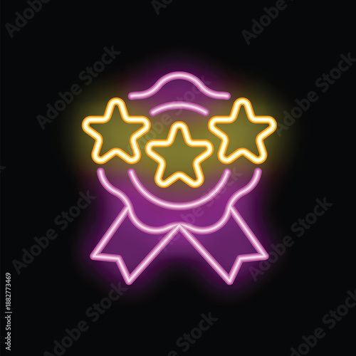 Neon sign illustrating a three stars quality symbol with ribbon on a brick wall background