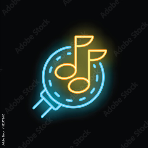 Blue and yellow neon sign representing a music streaming service with musical notes inside a circle