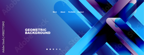 Modern website header design. Geometric shapes, blue gradients, navigation menu present. Clean, professional aesthetic.