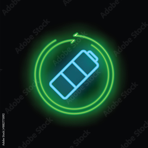 Blue neon battery icon glowing inside green recycling symbol on black background