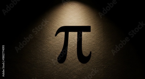 Symbol of pi illuminated by a spotlight on a textured, dark wall, representing mathematics, irrational numbers, and constants in science
