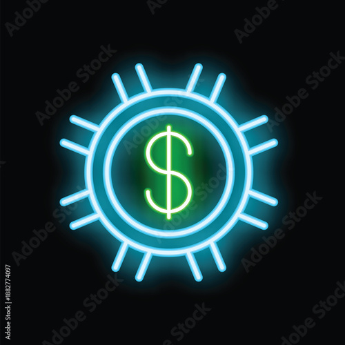 Blue and green neon sign representing a shining sun with a dollar sign in the middle, symbolizing the concept of passive income