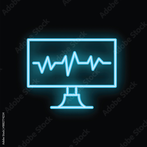 Neon icon of a computer screen showing a blue ekg heartbeat line