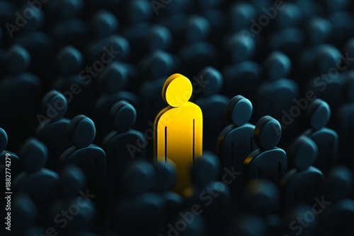 Unique yellow figure stands out among dark figures in a crowded scene to show the importance of brand differentiation and visibility in a competitive market environment