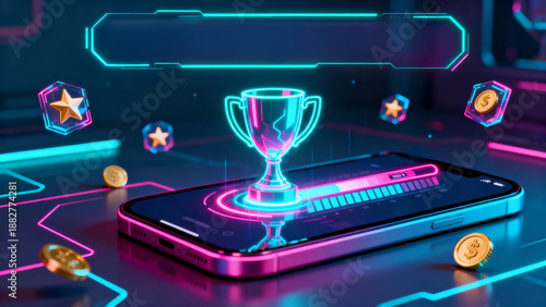 Gamified education learning process showing students leveling knowledge through digital rewards with abstract glowing trophy progress bar vibrant neon interface representing futuristic mobile learning