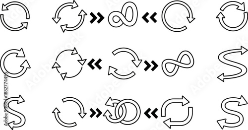 Detailed set of linear black outlined vector arrows emphasizing circular rotation curved paths s shapes and infinity flow symbols