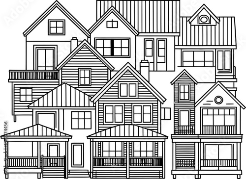 Black and white of various house facades houses architectural
