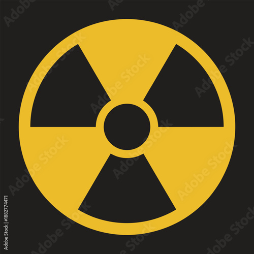 A bold yellow radioactive hazard symbol with three outward pointing blades inside a circle against a stark dark background