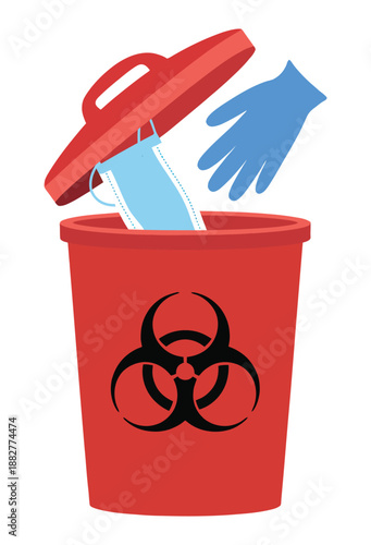 A blue medical face mask and a blue surgical glove are being disposed of in a red biohazard bin with the lid open