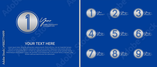 anniversary logo set with circle. silver color on blue background for celebration moment