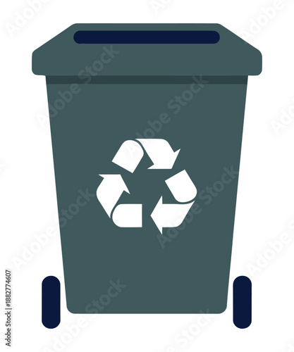 Gray recycling bin with white recycle symbol on front and wheels for easy mobility.