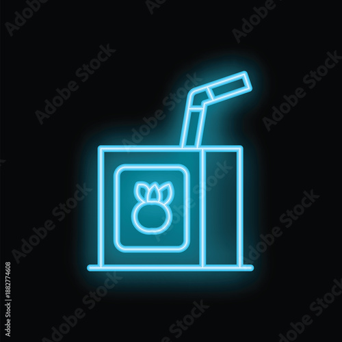 Bright blue neon juice pack with straw appearing on dark background representing healthy lifestyle and refreshment