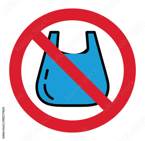 A graphic illustration depicting a blue plastic shopping bag crossed out with a red prohibition symbol indicating a ban on plastic bags