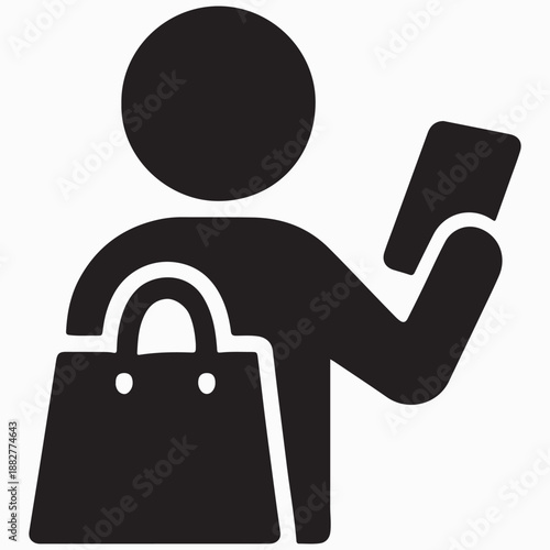 Online E-Commerce Concept with User Silhouette Holding a Shopping Bag and Smartphone, Minimalist Flat Black Vector Icon for Mobile Retail, Digital Purchase, and Consumer Behavior