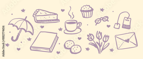 Cozy doodle icons set line sketch vector illustration