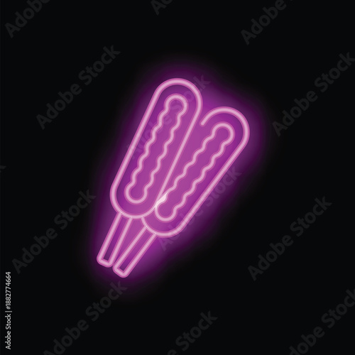 Glowing neon sign depicting two corn dogs on a stick, illuminated against a dark background, creating a vibrant and enticing image