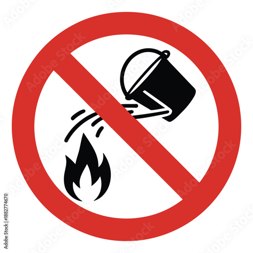 A red prohibition sign with a black icon illustrating water being poured from a bucket onto a flame signifying do not extinguish with water
