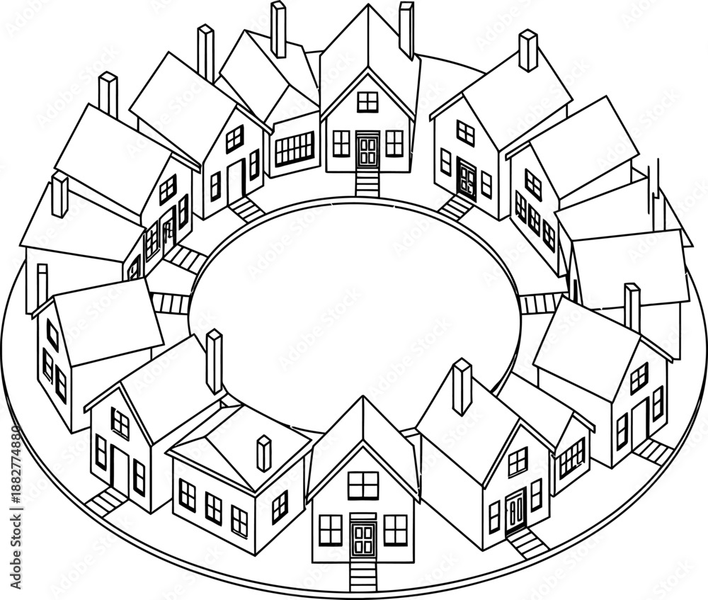 Naklejka premium Circular arrangement of black and white houses with chimneys and windows