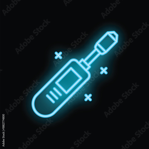 Blue neon icon of an electronic thermometer showing temperature on a black background