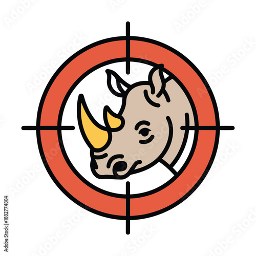 A Stylized Rhino Head Centered Within a Red Crosshair Target Symbol Representing Hunting or Danger