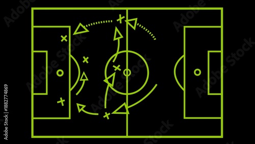 Neon green soccer field strategy diagram on black background arrows