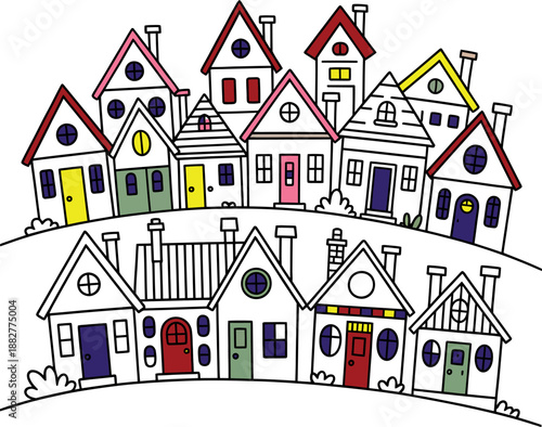 Colorful cartoon houses on a hillside windows