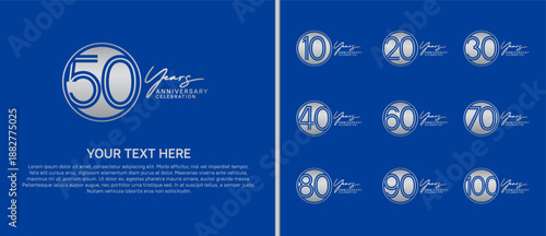 anniversary logo set with circle. silver color on blue background for celebration moment