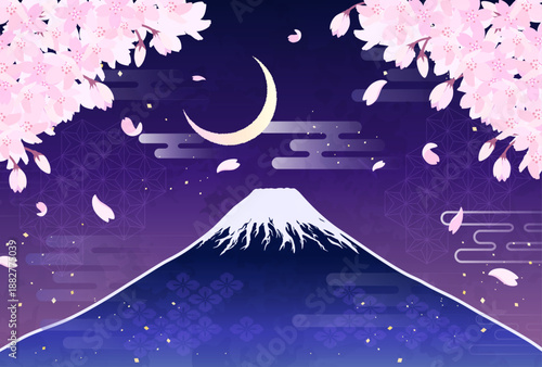 桜と富士山と三日月のイラスト_横1