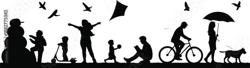 Children silhouettes in four seasons on white background. Little boys and girls playing outdoor. Vector illustration