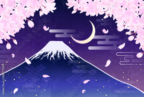 桜と富士山と三日月のイラスト_横2