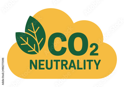 Environmental concept of carbon dioxide CO2 neutrality represented by green leaves within a yellow cloud shape isolated on transparent background