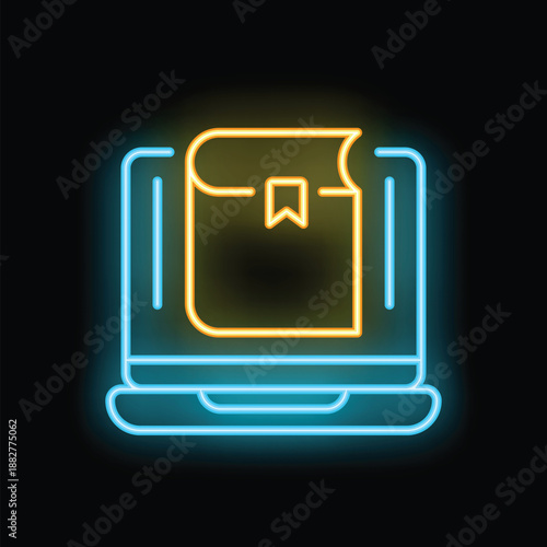 Neon icon depicting an open book on a laptop screen glowing on a dark background, symbolizing online learning