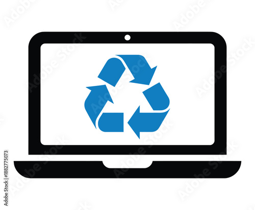 Laptop computer displaying blue recycling symbol on screen representing electronic waste recycling and environmental sustainability.